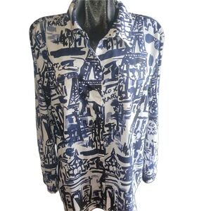 Karl Lagerfeld Blue and White Abstract Paris Button Front Shirt L